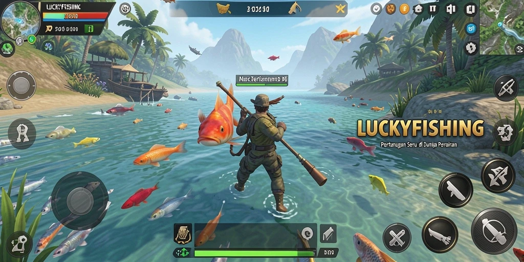 Screenshot LUCKYFISHING menampilkan aksi seru di arena perairan.